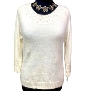 Angora Blend Cream Beaded Neck Sweater